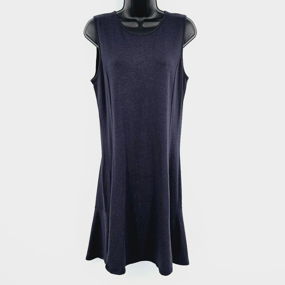 Tahari Dress L Dark Blue Sleeveless Tank Drop Waist Soft Stretch Knit Zip Back